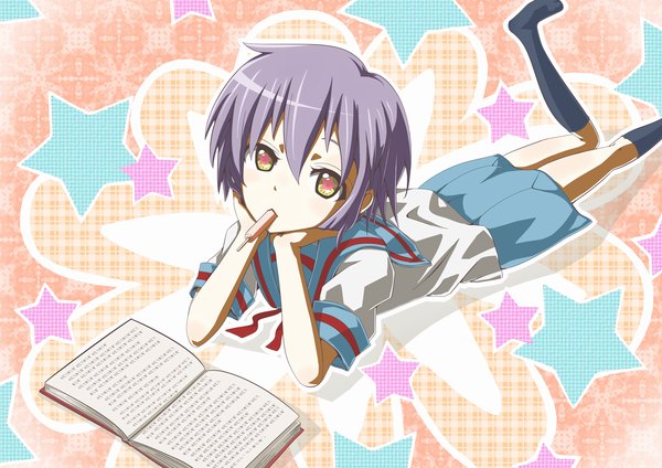 Anime picture 2454x1736 with suzumiya haruhi no yuutsu kyoto animation nagato yuki highres purple hair loli girl serafuku food sweets star (symbol) book (books) ice cream