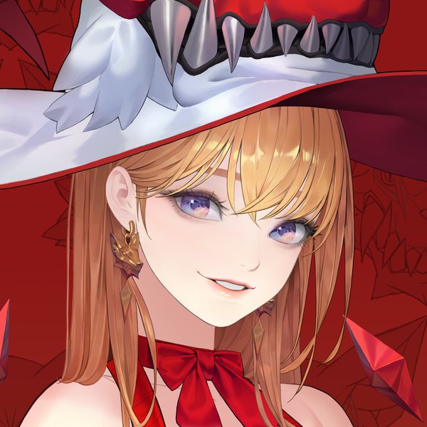 Anime picture 4000x4000 with original ake (cherrylich) single long hair looking at viewer fringe highres blue eyes blonde hair smile bare shoulders absurdres parted lips lipstick portrait red background girl hat earrings