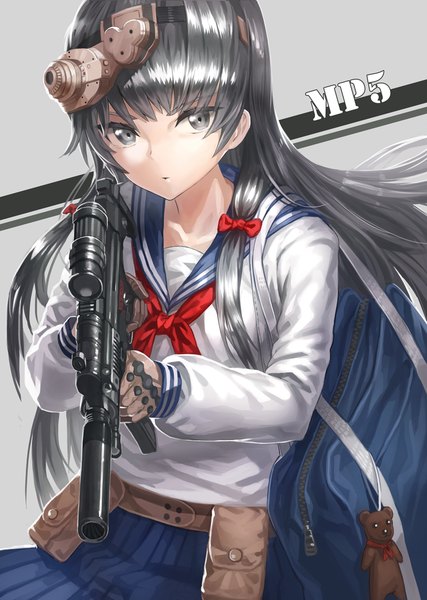 Anime picture 805x1130 with original kfr single long hair tall image looking at viewer black hair grey eyes gloves uniform weapon serafuku gun school bag mp5