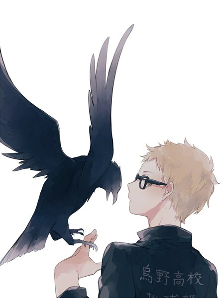 Anime picture 748x1000 with haikyuu!! production i.g tsukishima kei petitbisou single tall image short hair simple background blonde hair white background yellow eyes profile looking back boy uniform school uniform animal glasses bird (birds) crow