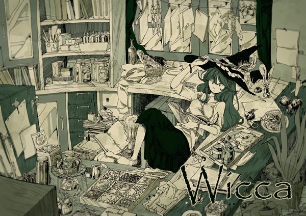 Anime picture 1000x708 with original hasya long hair sitting multiple girls inscription monochrome reading messy room girl skirt 2 girls plant (plants) hat bracelet book (books) witch hat wand