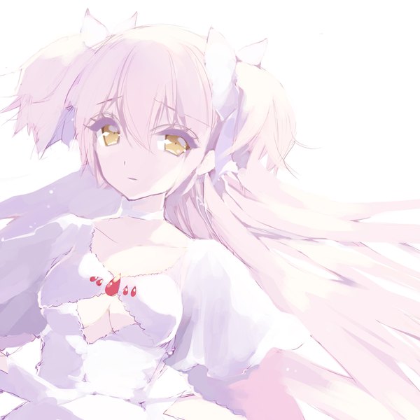 Anime picture 3500x3500 with mahou shoujo madoka magica shaft (studio) kaname madoka goddess madoka misteor single long hair looking at viewer fringe highres breasts simple background hair between eyes white background yellow eyes pink hair absurdres upper body wide sleeves short sleeves