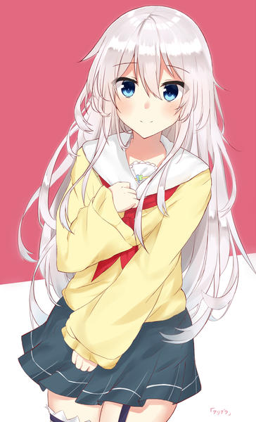 Anime picture 810x1334 with original kurigura (sketch san) single long hair tall image looking at viewer blush fringe blue eyes simple background hair between eyes white background signed silver hair light smile wide sleeves hand on chest pink background girl thighhighs