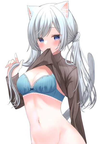Anime picture 2406x3464 with original hamico single long hair tall image looking at viewer blush fringe highres breasts blue eyes light erotic simple background twintails holding animal ears payot silver hair upper body tail