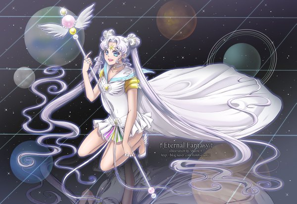Anime picture 1269x874 with bishoujo senshi sailor moon toei animation sailor cosmos shainea open mouth blue eyes twintails white hair very long hair girl dress staff sailor suit planet