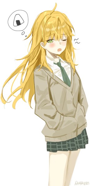 Anime picture 1667x3334 with idolmaster hoshii miki haruri single long hair tall image blush fringe open mouth simple background blonde hair hair between eyes standing white background green eyes signed looking away ahoge long sleeves pleated skirt