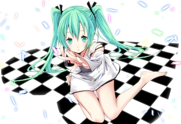 Anime picture 1240x850 with vocaloid hatsune miku single long hair twintails green eyes green hair outstretched arm checkered floor girl heart