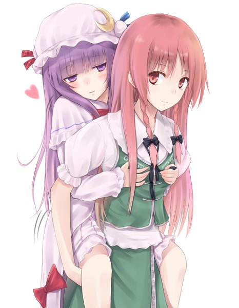 Anime picture 1000x1285 with touhou patchouli knowledge hong meiling suzushiro yukari long hair tall image blush fringe open mouth simple background white background purple eyes multiple girls pink hair purple hair blunt bangs braid (braids) pink eyes twin braids breast grab