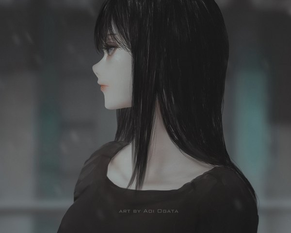 Anime picture 1500x1200 with original aoi ogata single long hair fringe black hair hair between eyes signed payot looking away upper body profile lips grey eyes expressionless girl