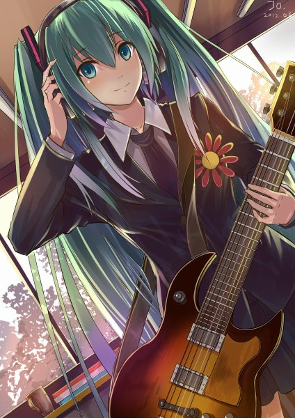 Anime picture 848x1200 with vocaloid hatsune miku jojofon single long hair tall image looking at viewer blush twintails aqua eyes aqua hair girl headphones guitar