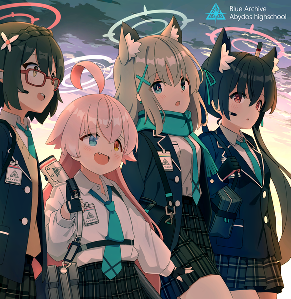 Anime picture 1461x1500 with blue archive shiroko (blue archive) hoshino (blue archive) serika (blue archive) ayane (blue archive) nomio long hair tall image short hair open mouth blue eyes black hair red eyes twintails multiple girls animal ears pink hair sky cloud (clouds) outdoors