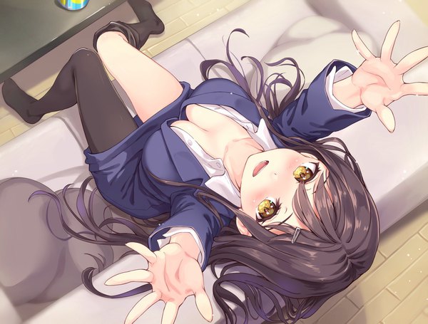 Anime picture 1766x1340 with original hinoki yuu single long hair looking at viewer blush fringe highres breasts open mouth light erotic black hair smile large breasts sitting yellow eyes full body long sleeves from above no bra