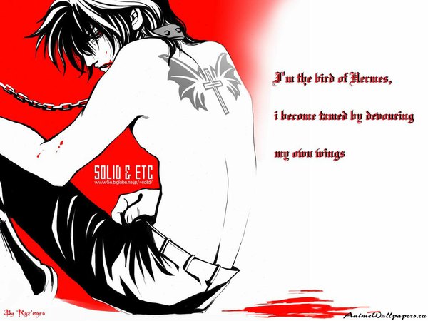 Anime picture 1133x850 with hellsing alucard (hellsing) short hair black hair simple background red eyes sitting inscription tattoo back topless vampire boy wings blood chain collar cross