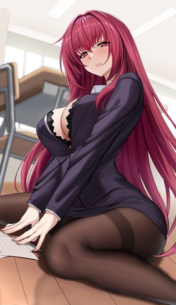 Anime picture 2315x4000 with fate (series) fate/grand order scathach (fate) (all) scathach (fate) piukute062 single long hair tall image looking at viewer blush fringe highres breasts light erotic hair between eyes red eyes large breasts sitting red hair indoors