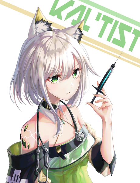 Anime picture 2000x2600 with arknights kal'tsit (arknights) csc00014 single tall image blush fringe highres short hair simple background hair between eyes white background bare shoulders holding green eyes animal ears payot looking away upper body white hair
