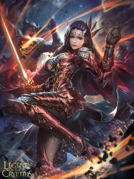 Anime picture 800x1067 with legend of the cryptids nudtawut thongmai single long hair tall image looking at viewer breasts standing holding green eyes purple hair realistic copyright name standing on one leg eyebrows fighting stance glowing weapon girl boy weapon