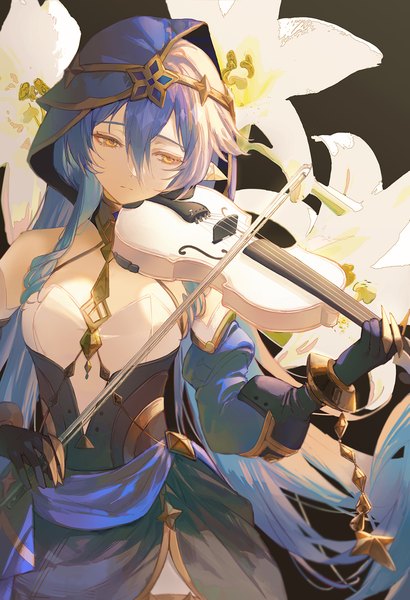 Anime picture 1000x1465 with genshin impact layla (genshin impact) cha chya single tall image fringe hair between eyes yellow eyes blue hair very long hair pointy ears sad floral background playing instrument girl gloves flower (flowers) black gloves musical instrument lily (flower)