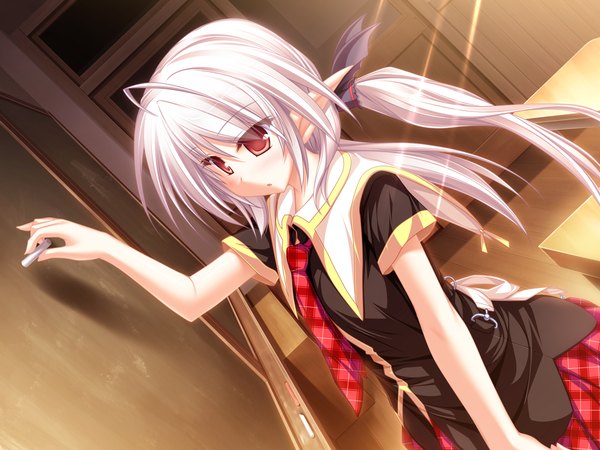 Anime picture 1600x1200 with suzukaze no melt suzu (suzukaze no melt) tenmaso long hair red eyes twintails game cg white hair elf girl serafuku