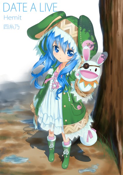 Anime picture 1240x1754 with date a live yoshino (date a live) yoshinon neko7 long hair tall image blue eyes blue hair loli girl dress plant (plants) tree (trees) hood hand puppet