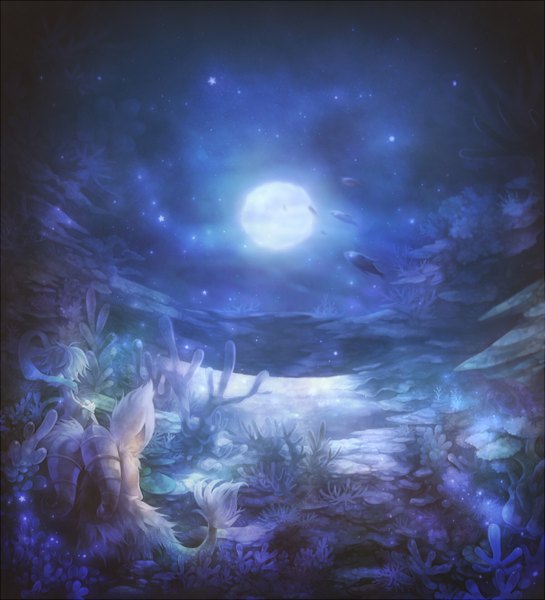 Anime picture 1200x1320 with original sui (petit comet) tall image underwater plant (plants) water moon star (stars) fish (fishes)