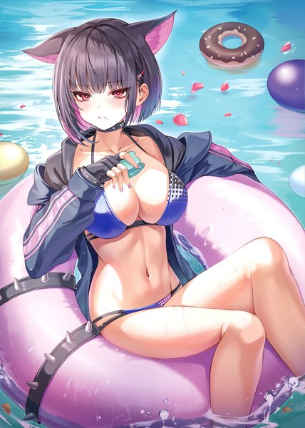 Anime picture 2100x2946 with blue archive kazusa (blue archive) bnari single tall image looking at viewer fringe highres short hair breasts light erotic black hair red eyes large breasts holding animal ears bent knee (knees) outdoors blunt bangs nail polish