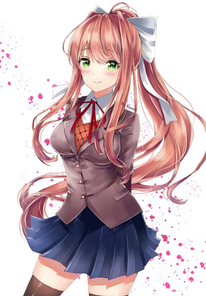 Anime picture 1600x2300 with doki doki literature club monika (doki doki literature club) namii n'nam namii single long hair tall image blush simple background brown hair white background green eyes signed payot ponytail pleated skirt light smile zettai ryouiki hands behind back girl
