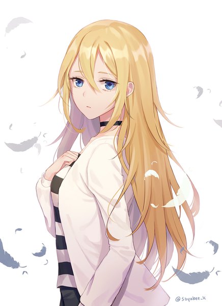 Anime picture 1000x1374 with satsuriku no tenshi ray (satsuriku no tenshi) soyubee single long hair tall image looking at viewer fringe breasts blue eyes simple background blonde hair hair between eyes white background signed payot upper body long sleeves parted lips open jacket