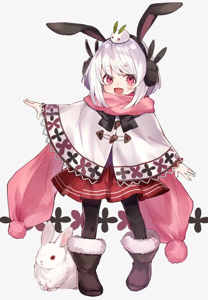 Anime-Bild 700x1008 mit original shugao single tall image blush short hair open mouth red eyes standing white background animal ears silver hair full body :d pleated skirt fang (fangs) bunny ears fake animal ears girl skirt