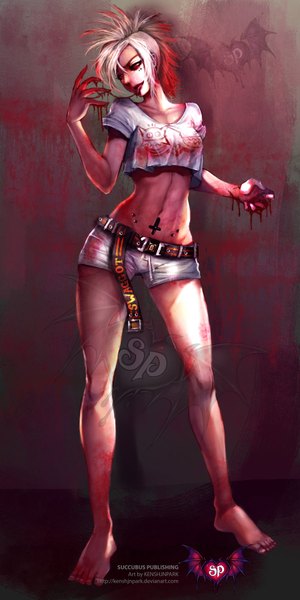 Anime picture 900x1800 with original ken (kenshjnpark) single tall image short hair red eyes barefoot inscription tattoo piercing watermark girl shorts belt tongue blood