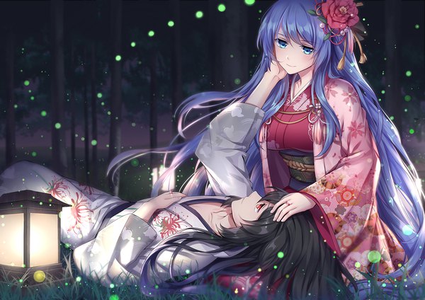 Anime picture 1920x1357 with original moyu long hair blush highres blue eyes black hair red eyes blue hair lying traditional clothes head tilt japanese clothes hair flower light smile night kneeling floral print hand on another's face lap pillow