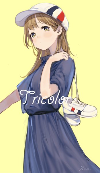 Anime picture 2156x3701 with original ikoan single long hair tall image looking at viewer fringe highres simple background brown hair standing holding green eyes signed yellow eyes inscription shoes removed girl dress shoes