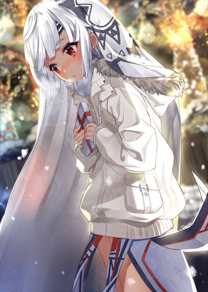 Anime picture 713x1000 with fate (series) fate/grand order altera (fate) gendo0032 single tall image blush short hair red eyes holding signed looking away white hair blurry embarrassed fur trim snowing exhalation girl jacket