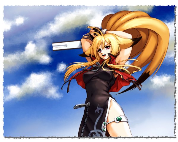 Anime picture 1280x1024 with super robot wars namco x capcom shaomu fox hisahiko single long hair open mouth light erotic blonde hair red eyes animal ears looking away sky cloud (clouds) ahoge from below wallpaper chinese clothes arms behind head framed