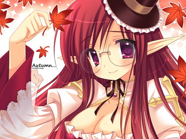 Anime picture 1000x750 with ragnarok online emily (pure dream) single long hair blush breasts light erotic large breasts purple eyes cleavage red hair pointy ears girl dress hat glasses leaf (leaves)