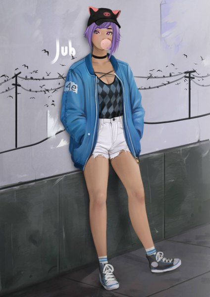 Anime picture 1245x1760 with original converse fore farlone (jubi) jubi (regiana) single tall image looking at viewer fringe short hair signed cleavage purple hair full body pink eyes open jacket bare legs dark skin hands in pockets against wall casual