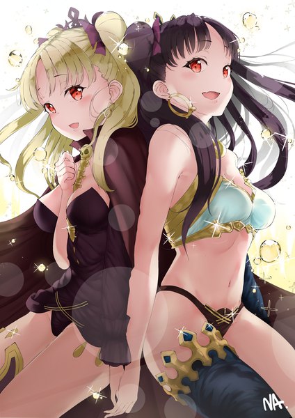 Anime picture 2894x4093 with fate (series) fate/grand order ishtar (fate) ereshkigal (fate) na arva long hair tall image looking at viewer blush fringe highres breasts open mouth light erotic black hair blonde hair simple background smile red eyes large breasts