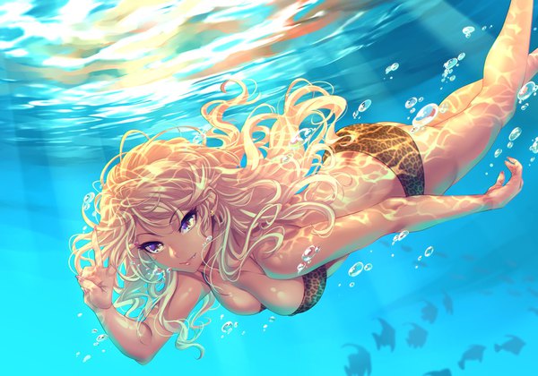 Anime picture 1820x1274 with virtual youtuber amaryllis gumi ouga saki shashaki single long hair looking at viewer highres breasts light erotic blonde hair hair between eyes large breasts purple eyes light smile sunlight victory underwater sunbeam animal print