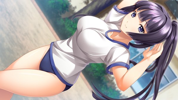 Anime picture 1280x720 with izuna zanshinken (game) long hair blue eyes light erotic wide image game cg purple hair ponytail girl uniform gym uniform