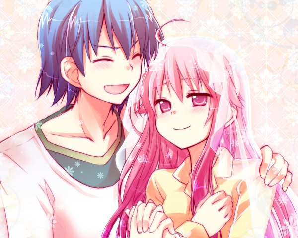 Anime picture 1200x960 with angel beats! key (studio) yui (angel beats!) hinata hideki long hair blush short hair open mouth simple background smile blue hair pink hair eyes closed pink eyes couple hug holding hands happy girl boy
