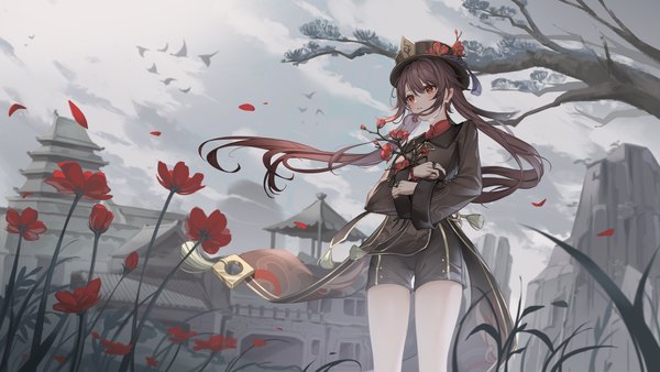 Anime picture 3840x2160 with genshin impact hu tao (genshin impact) al guang single fringe highres hair between eyes red eyes brown hair wide image standing twintails looking away absurdres outdoors wind architecture east asian architecture girl flower (flowers)