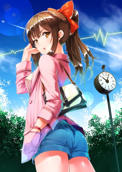 Anime picture 1000x1414 with touhou hakurei reimu pyz (cath x tech) single long hair tall image fringe brown hair standing brown eyes looking away sky cloud (clouds) ponytail looking back from behind open clothes open jacket from below girl