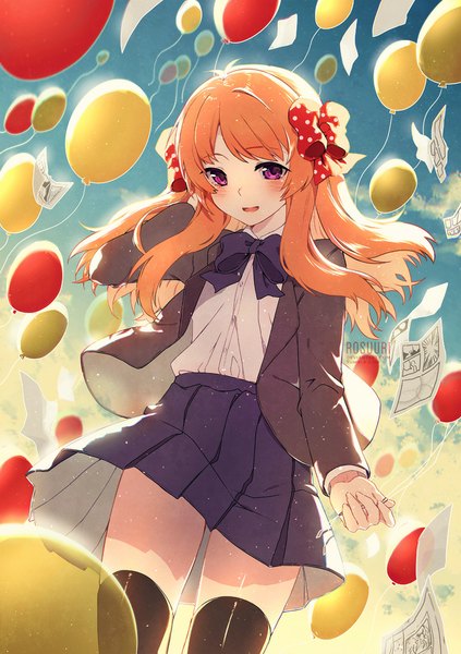 Anime picture 700x993 with gekkan shoujo nozaki-kun doga kobo sakura chiyo rosuuri single long hair tall image looking at viewer blush fringe open mouth purple eyes twintails signed sky cloud (clouds) pleated skirt wind sunlight orange hair