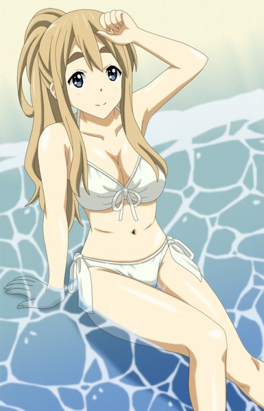 Anime picture 642x1000 with k-on! kyoto animation kotobuki tsumugi cp9a single long hair tall image looking at viewer blue eyes light erotic blonde hair ponytail girl navel swimsuit bikini water white bikini