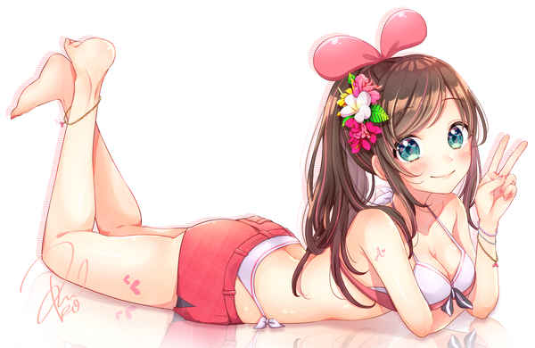 Anime picture 5098x3321 with virtual youtuber a.i. channel kizuna ai akowazaki single long hair looking at viewer blush fringe highres breasts light erotic simple background smile brown hair large breasts white background bare shoulders signed absurdres