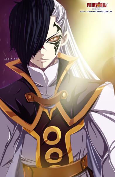 Anime picture 960x1466 with fairy tail rogue cheney iitheluciferii single long hair tall image fringe black hair white hair ponytail multicolored hair sunlight hair over one eye inscription two-tone hair orange eyes tattoo copyright name coloring facial mark