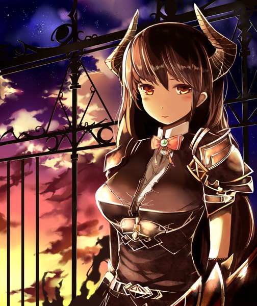 Anime picture 3500x4162 with shingeki no bahamut forte (shingeki no bahamut) venomrobo single long hair tall image looking at viewer blush fringe highres hair between eyes brown hair standing absurdres sky cloud (clouds) horn (horns) shadow orange eyes evening