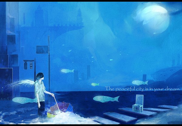 Anime picture 1200x832 with original starry11 single short hair blue hair inscription night sky city smoke angel wings silhouette fog crosswalk boy wings water moon umbrella chair full moon