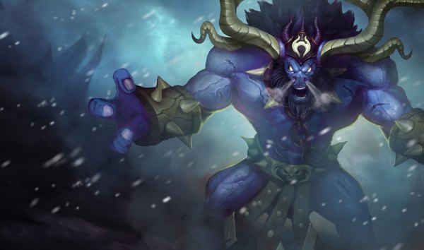 Anime picture 1215x717 with league of legends alistar (league of legends) single open mouth wide image yellow eyes horn (horns) wind snowing winter exhalation monster thorns bull
