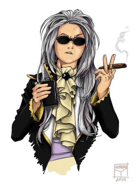 Anime picture 1920x2560 with final fantasy ix kuja yumichika kuroda long hair tall image highres simple background white background signed silver hair scar smoke smoking boy sunglasses alcohol tailcoat cigar canteen