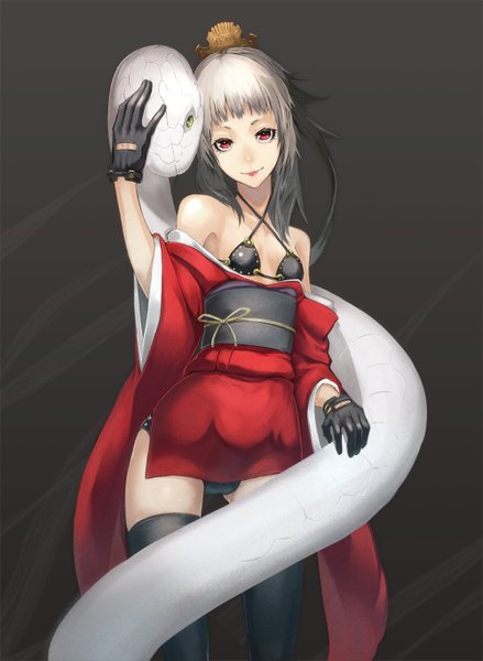 Anime picture 1000x1368 with original yucca-612 (neco) single long hair tall image looking at viewer light erotic smile red eyes silver hair dark background girl gloves hair ornament obi snake open kimono